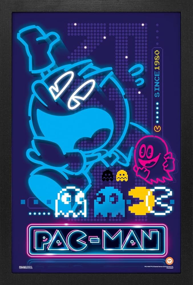 ART - Neon Blue Pac-Man Framed